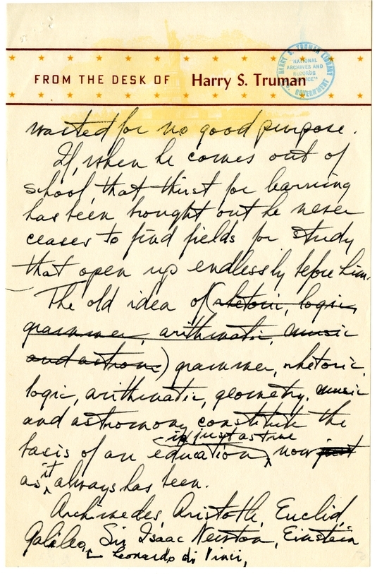 Longhand Note of President Harry S. Truman