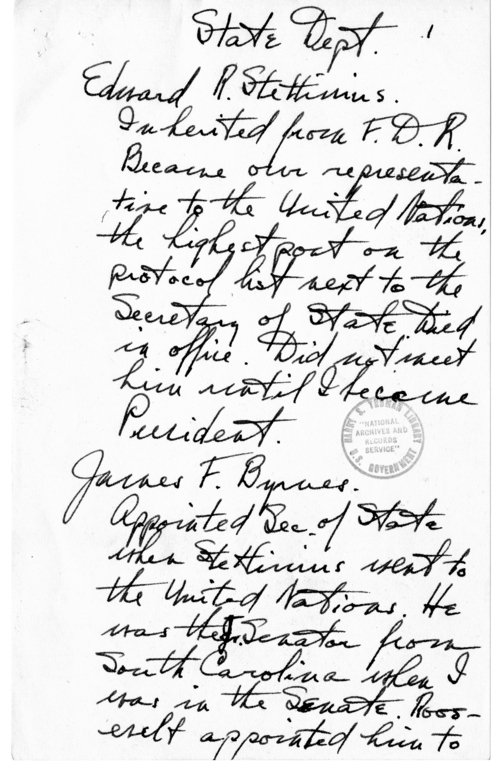 Longhand Note of President Harry S. Truman