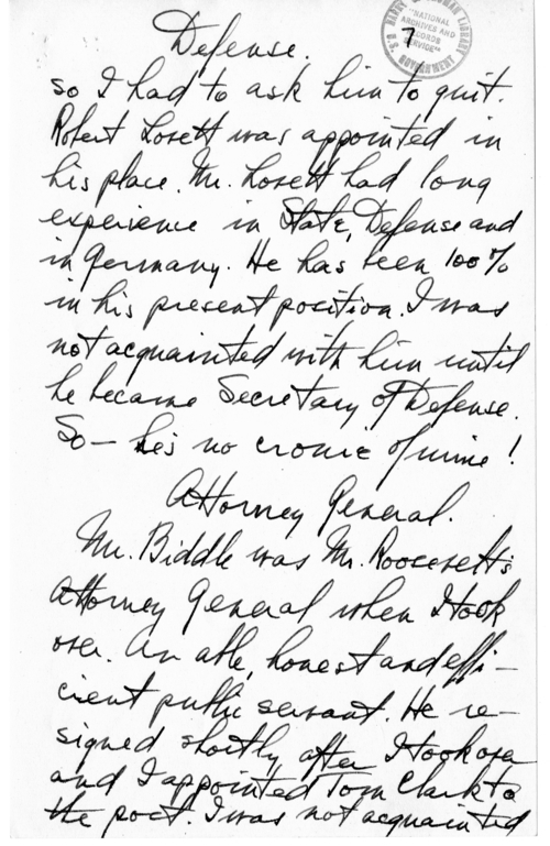 Longhand Note of President Harry S. Truman