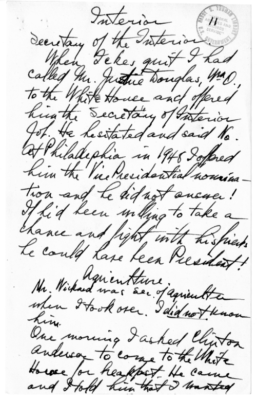 Longhand Note of President Harry S. Truman