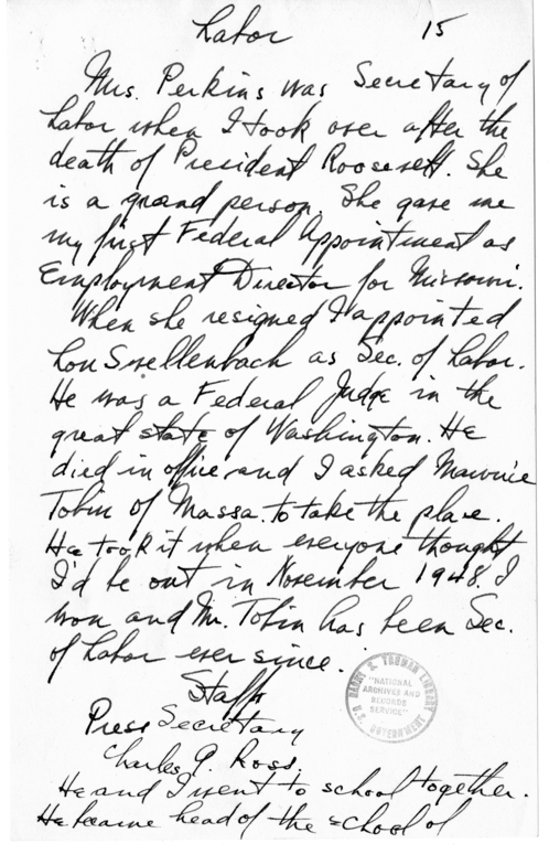 Longhand Note of President Harry S. Truman