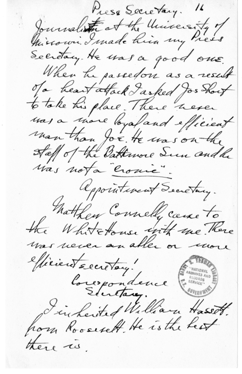 Longhand Note of President Harry S. Truman