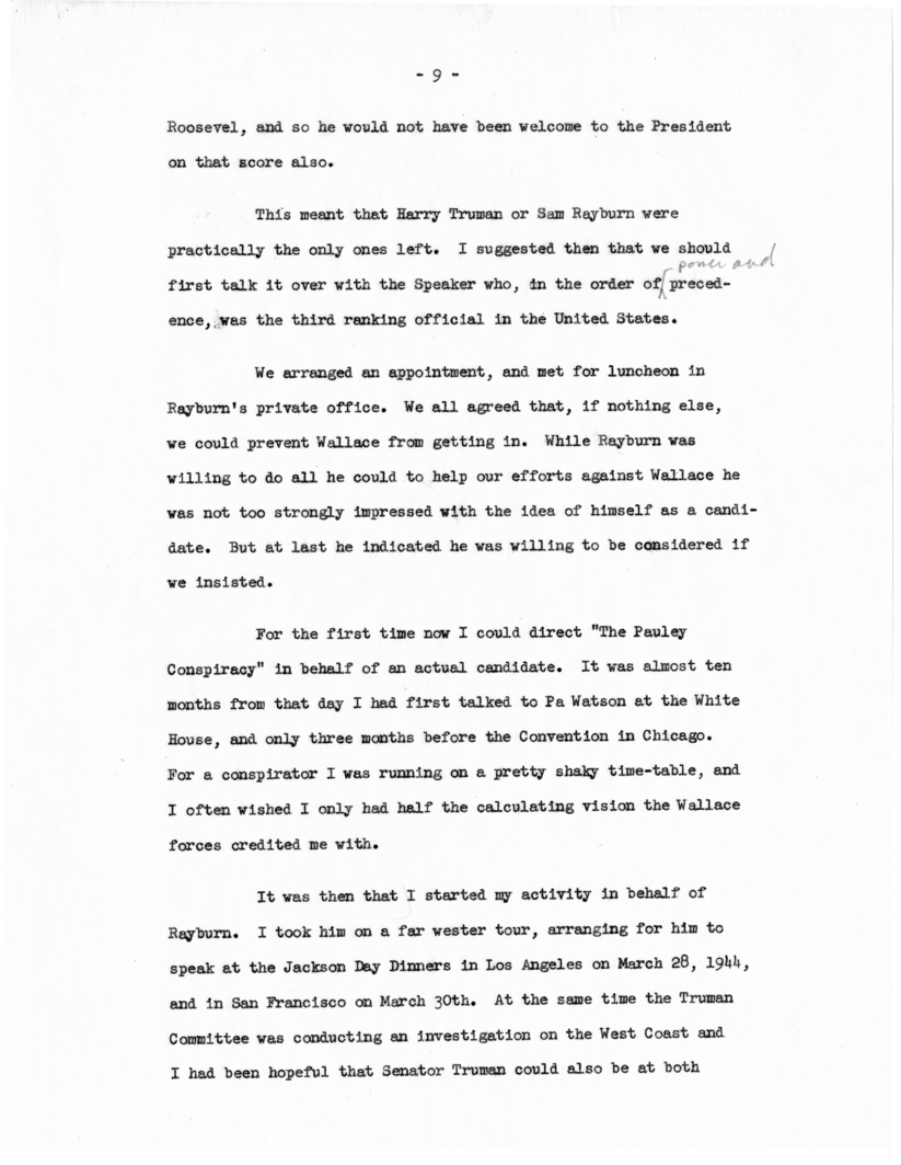 Memorandum, "Why Truman Is President," by Edwin Pauley