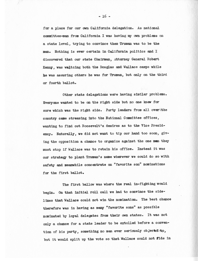 Memorandum, "Why Truman Is President," by Edwin Pauley
