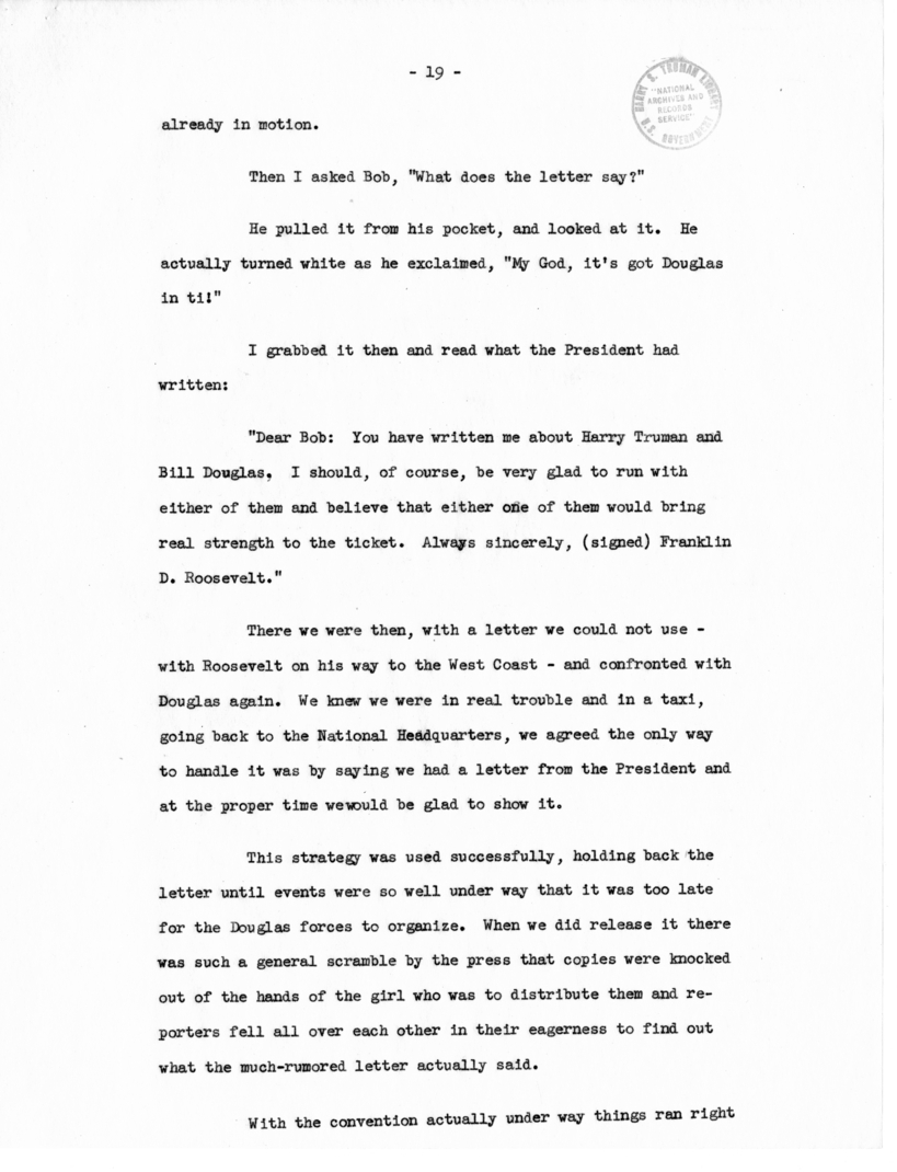 Memorandum, "Why Truman Is President," by Edwin Pauley