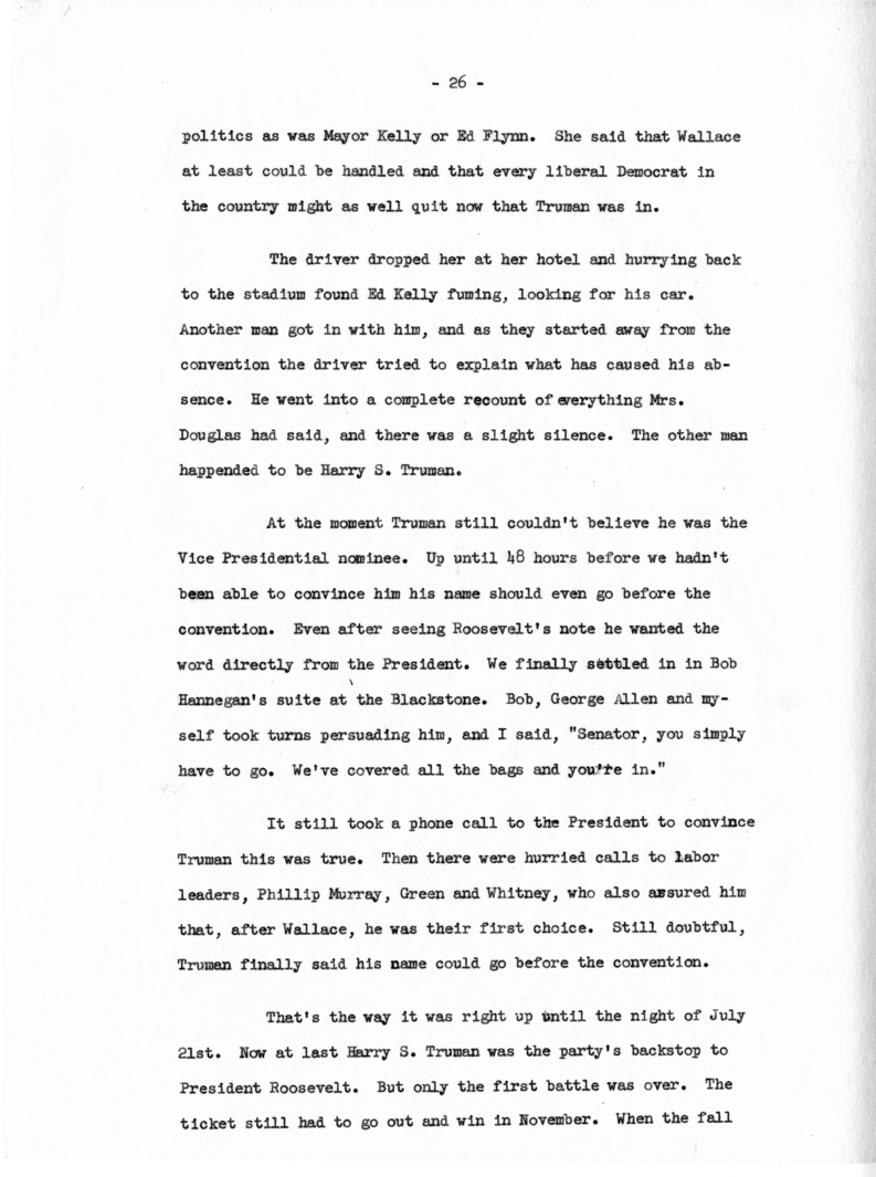 Memorandum, "Why Truman Is President," by Edwin Pauley