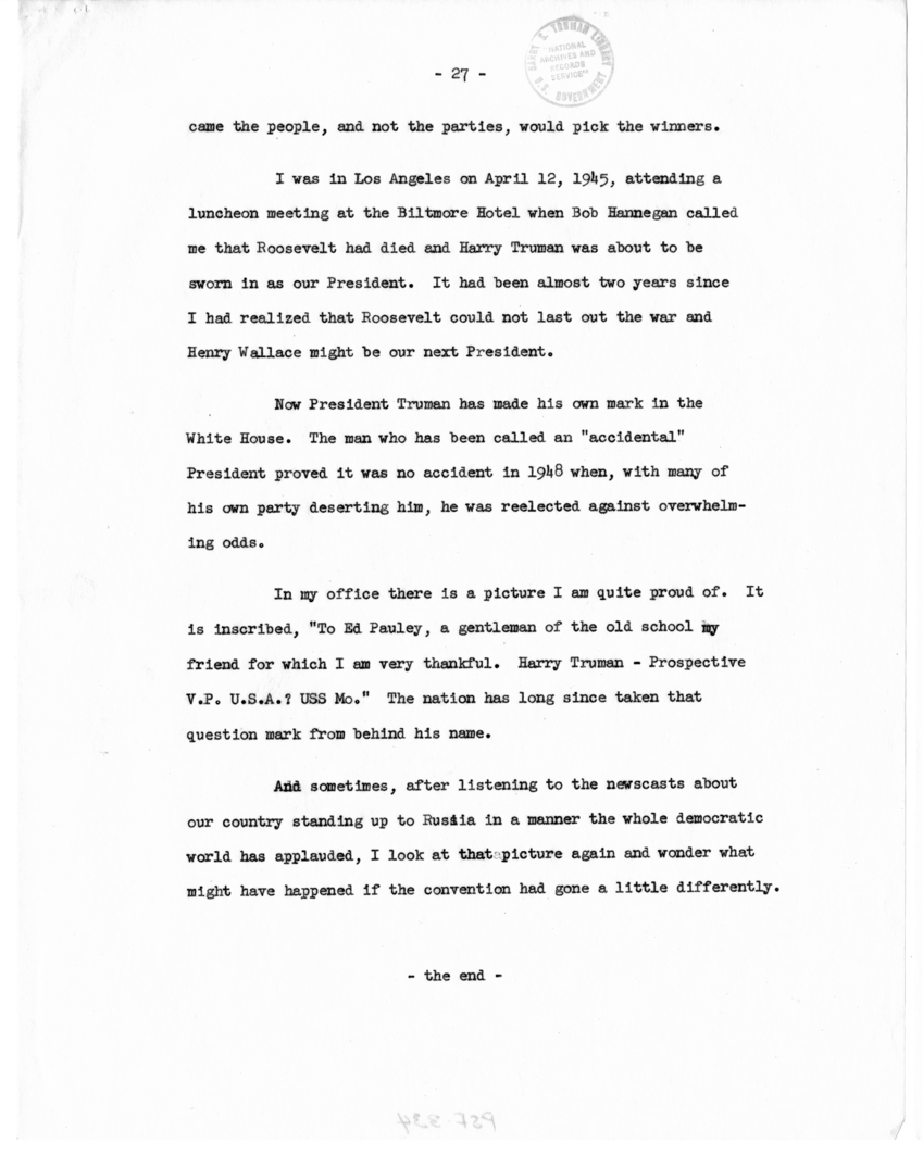 Memorandum, "Why Truman Is President," by Edwin Pauley