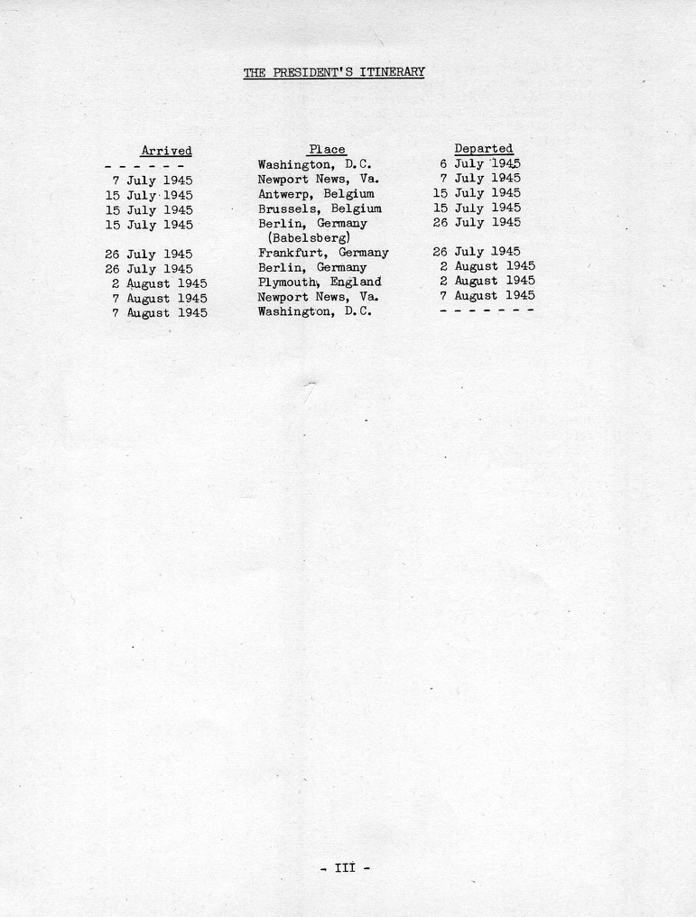 Log of President Harry S. Truman's Trip to the Berlin Conference