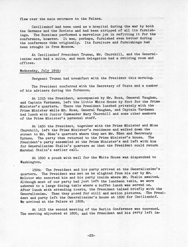 Log of President Harry S. Truman's Trip to the Berlin Conference