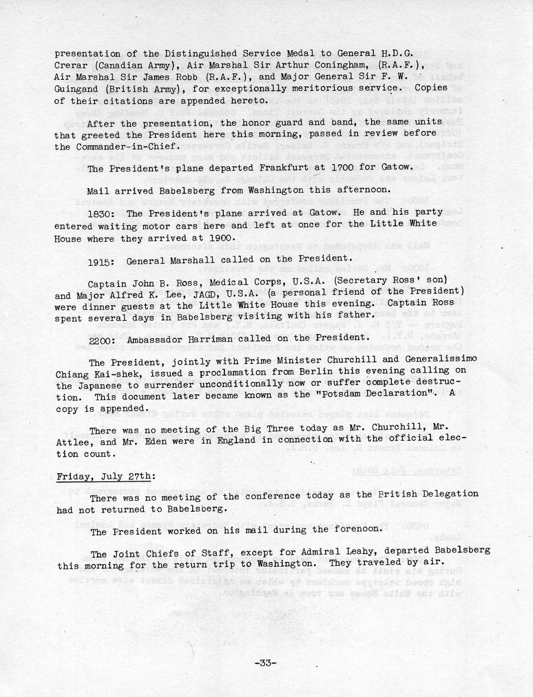 Log of President Harry S. Truman's Trip to the Berlin Conference