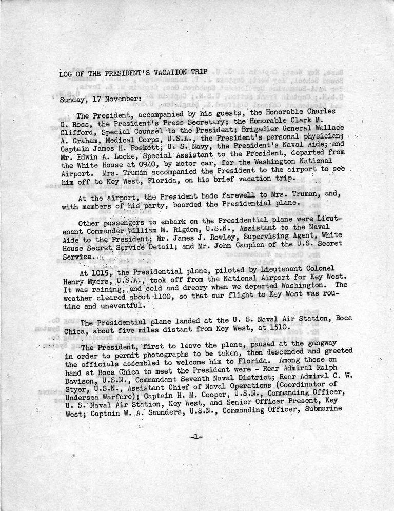 Log of President Harry S. Truman's First Vacation to Key West, Florida