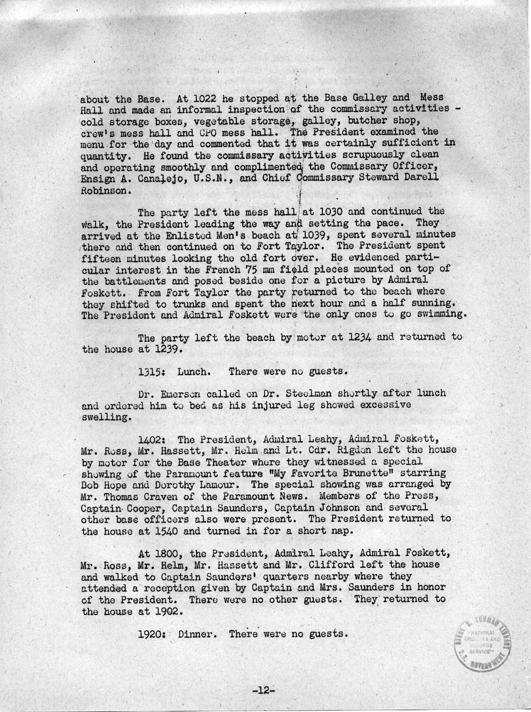 Log of President Harry S. Truman's Second Vacation to Key West, Florida