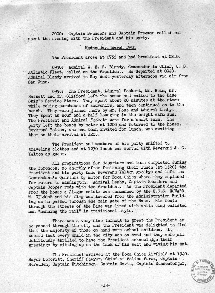 Log of President Harry S. Truman's Second Vacation to Key West, Florida