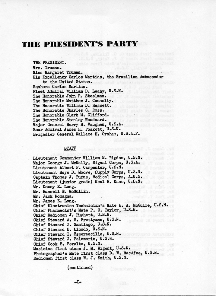 Log of President Harry S. Truman's Trip to Rio de Janeiro, Brazil