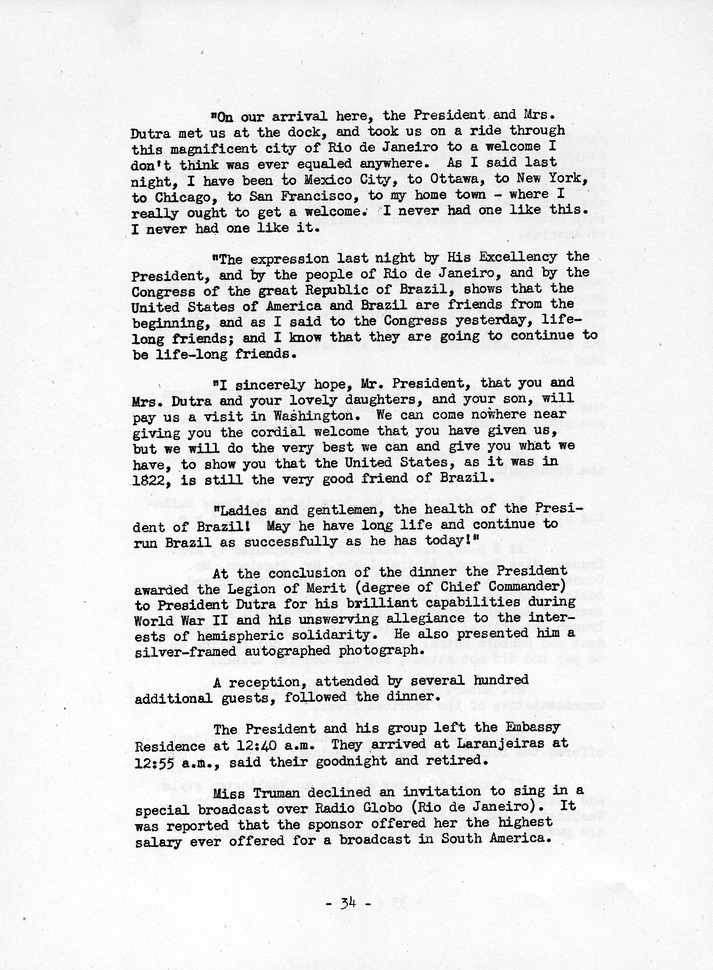 Log of President Harry S. Truman's Trip to Rio de Janeiro, Brazil