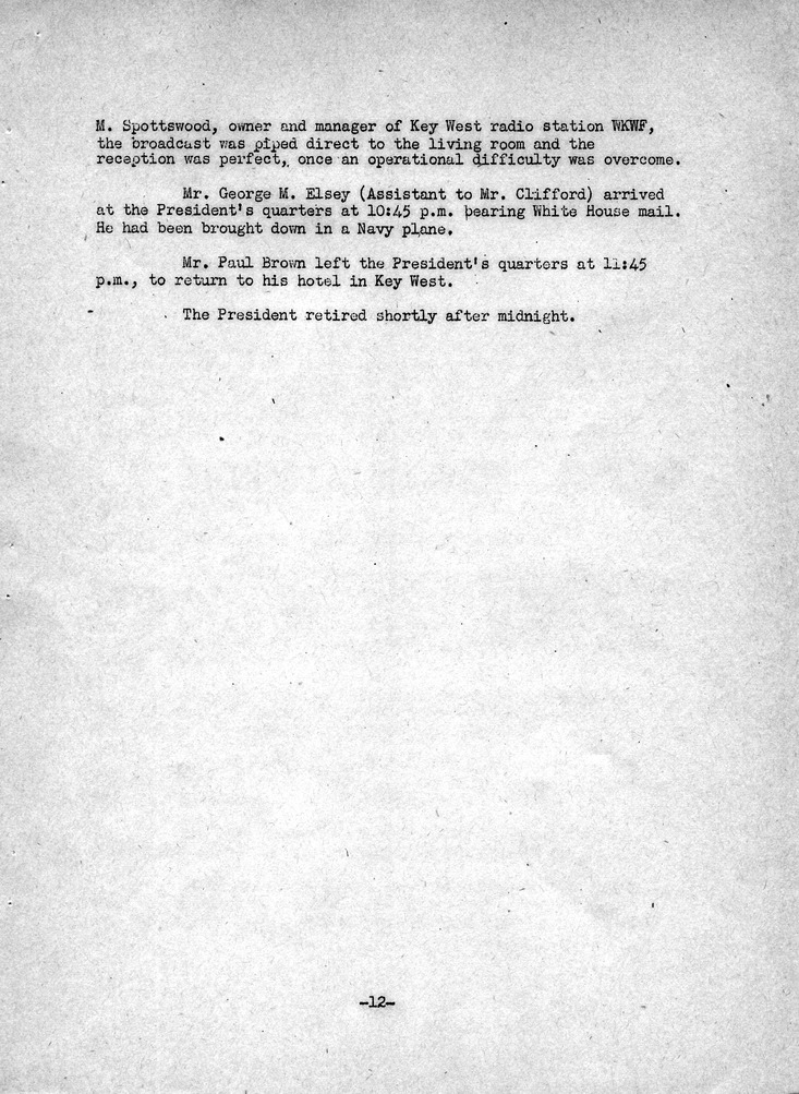 Log of President Harry S. Truman's Third Visit to Key West, Florida