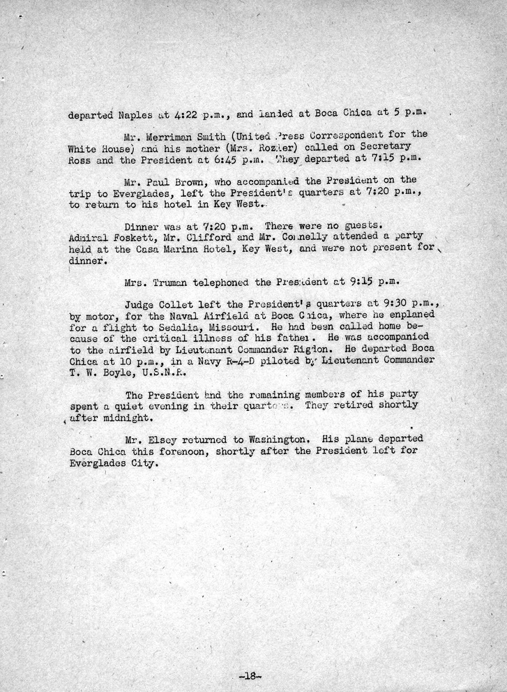 Log of President Harry S. Truman's Third Visit to Key West, Florida