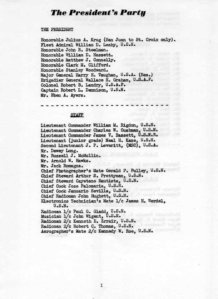 Log of President Harry S. Truman's Trip to Puerto Rico, the Virgin Islands, Guantanamo Bay, Cuba, and Fourth Key West, Florida