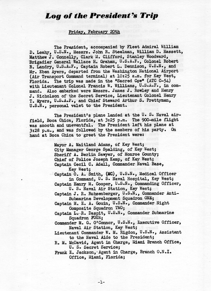 Log of President Harry S. Truman's Trip to Puerto Rico, the Virgin Islands, Guantanamo Bay, Cuba, and Fourth Key West, Florida