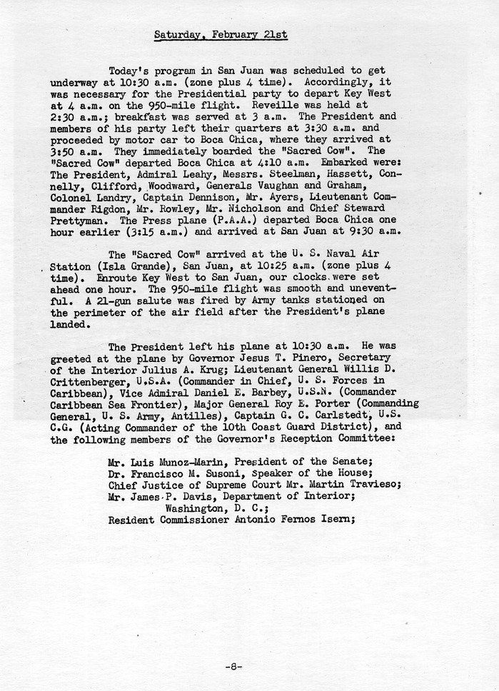 Log of President Harry S. Truman's Trip to Puerto Rico, the Virgin Islands, Guantanamo Bay, Cuba, and Fourth Key West, Florida