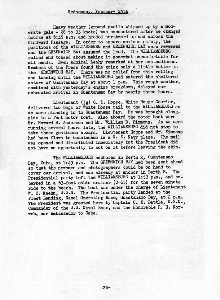 Log of President Harry S. Truman's Trip to Puerto Rico, the Virgin Islands, Guantanamo Bay, Cuba, and Fourth Key West, Florida