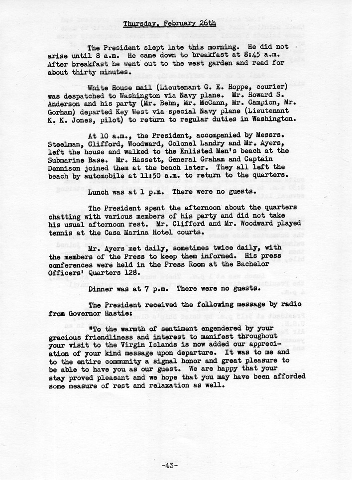 Log of President Harry S. Truman's Trip to Puerto Rico, the Virgin Islands, Guantanamo Bay, Cuba, and Fourth Key West, Florida