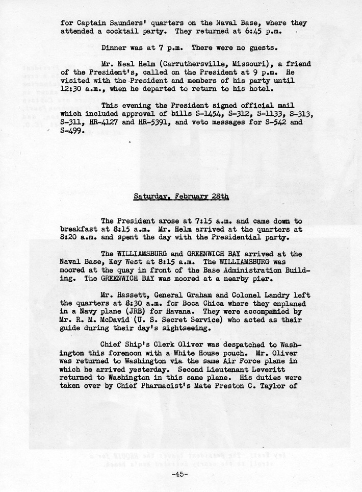 Log of President Harry S. Truman's Trip to Puerto Rico, the Virgin Islands, Guantanamo Bay, Cuba, and Fourth Key West, Florida