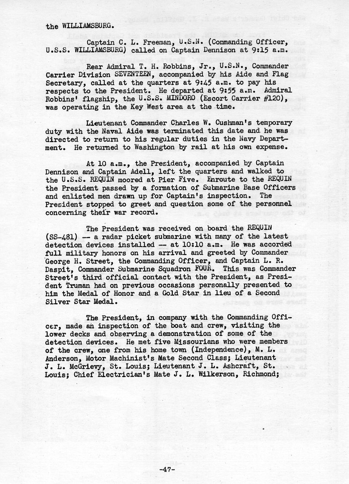 Log of President Harry S. Truman's Trip to Puerto Rico, the Virgin Islands, Guantanamo Bay, Cuba, and Fourth Key West, Florida