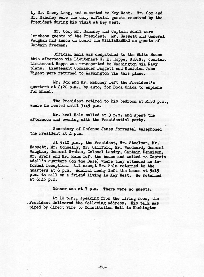 Log of President Harry S. Truman's Trip to Puerto Rico, the Virgin Islands, Guantanamo Bay, Cuba, and Fourth Key West, Florida