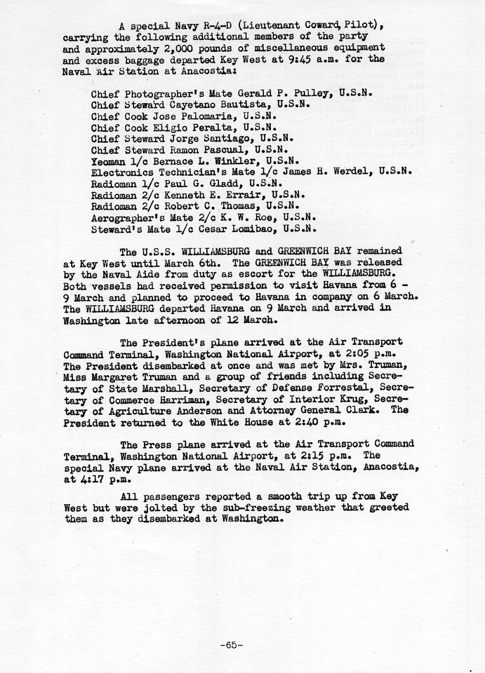 Log of President Harry S. Truman's Trip to Puerto Rico, the Virgin Islands, Guantanamo Bay, Cuba, and Fourth Key West, Florida