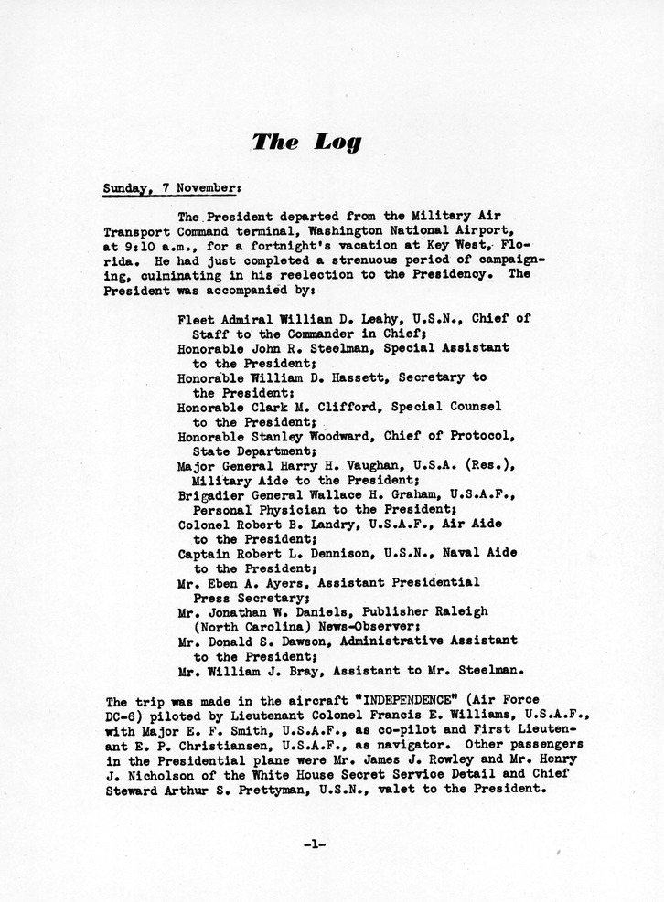 Log of President Harry S. Truman's Fifth Trip to Key West, Florida