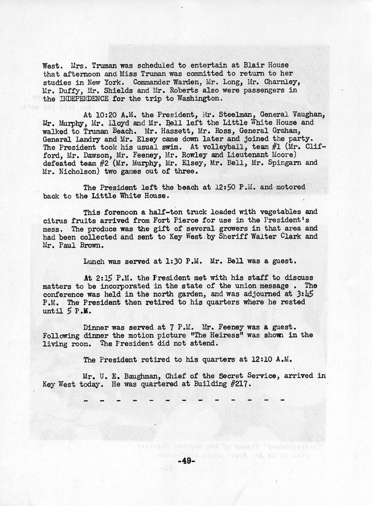 Log of President Harry S. Truman's Seventh Trip to Key West, Florida