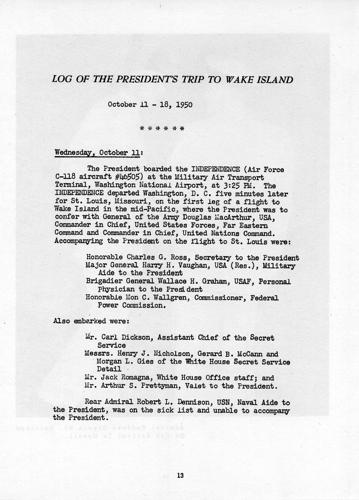 Log of President Harry S. Truman's Trip to Wake Island