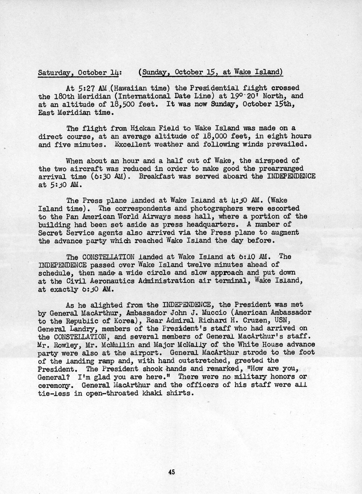 Log of President Harry S. Truman's Trip to Wake Island