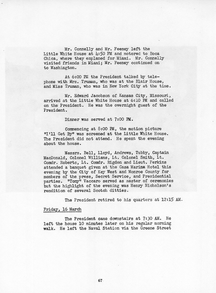 Log of President Harry S. Truman's Ninth Visit to Key West, Florida, and Fort Jefferson National Monument