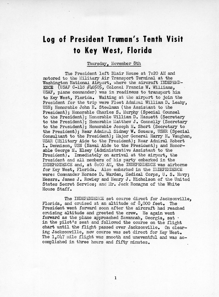 Log of President Harry S. Truman's Tenth Visit to Key West, Florida