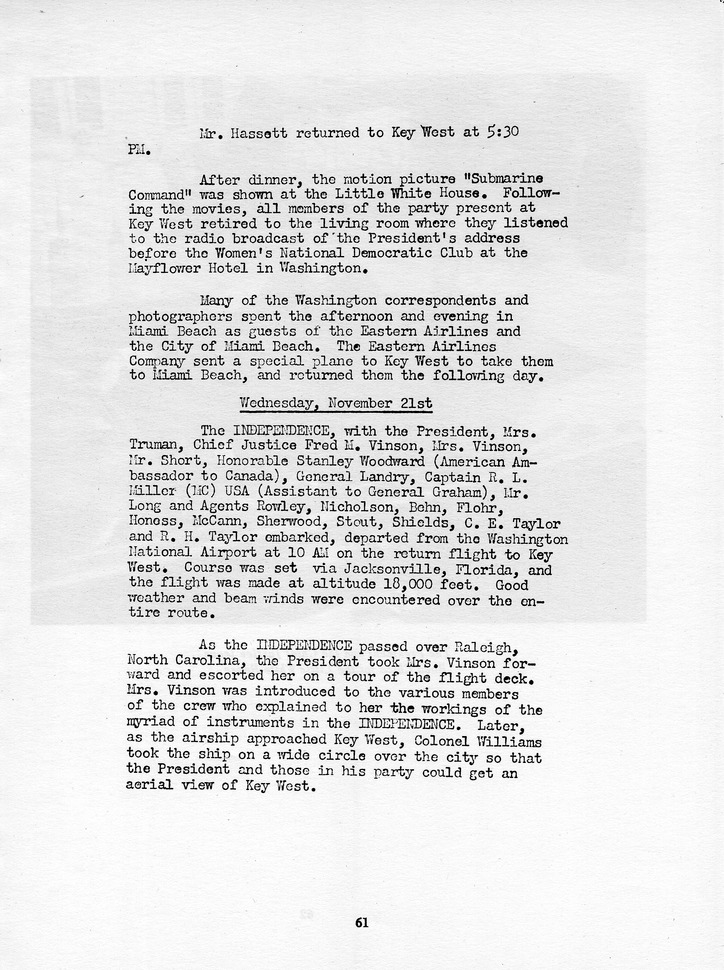 Log of President Harry S. Truman's Tenth Visit to Key West, Florida