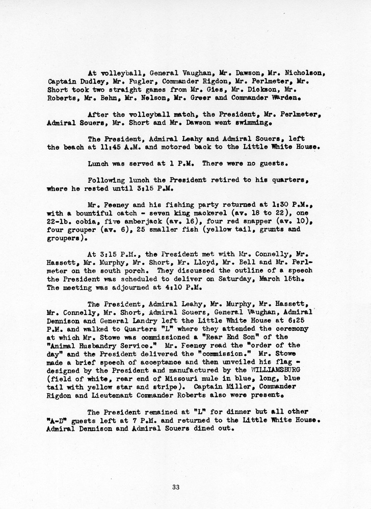 Log of President Harry S. Truman's Eleventh Visit to Key West, Florida