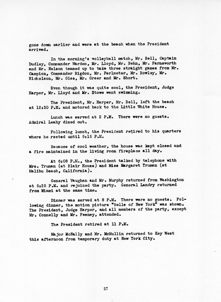 Log of President Harry S. Truman's Eleventh Visit to Key West, Florida