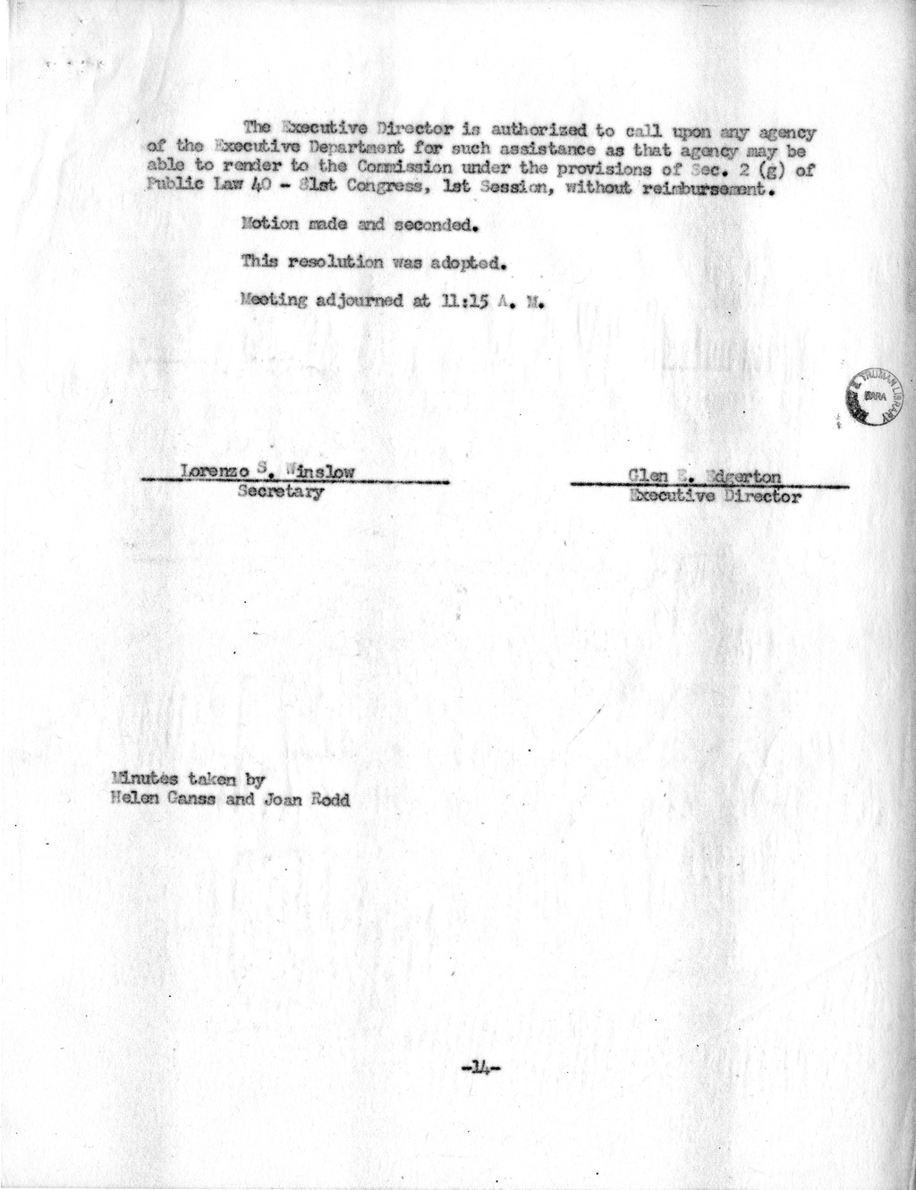 Minutes of the Sixth Meeting of the Commission on Renovation of the Executive Mansion