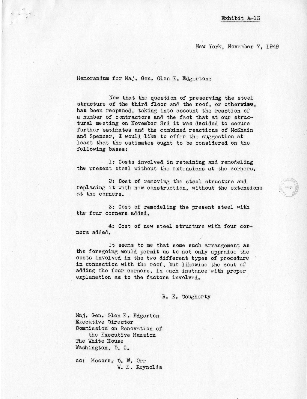 Memorandum from R. E. Dougherty to Major General Glen E. Edgerton with Attachments