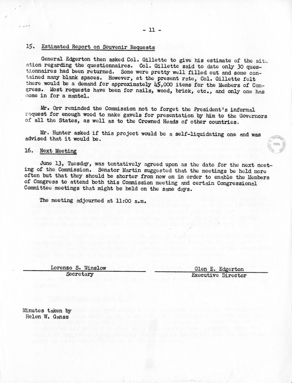 Minutes of the Twenty-Second Meeting of the Commission on Renovation of the Executive Mansion