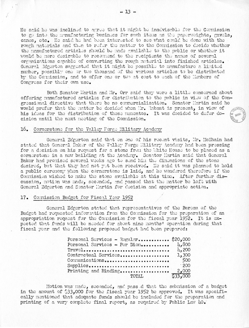 Minutes of the Thirtieth Meeting of the Commission on Renovation of the Executive Mansion