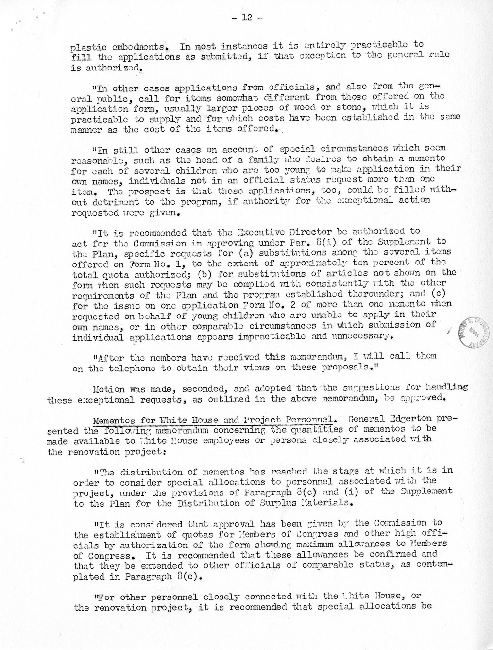 Minutes of the Fortieth Meeting of the Commission on Renovation of the Executive Mansion