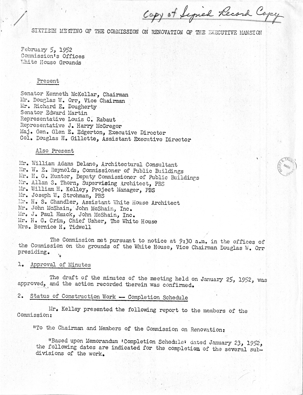 Minutes of the Sixtieth Meeting of the Commission on Renovation of the Executive Mansion