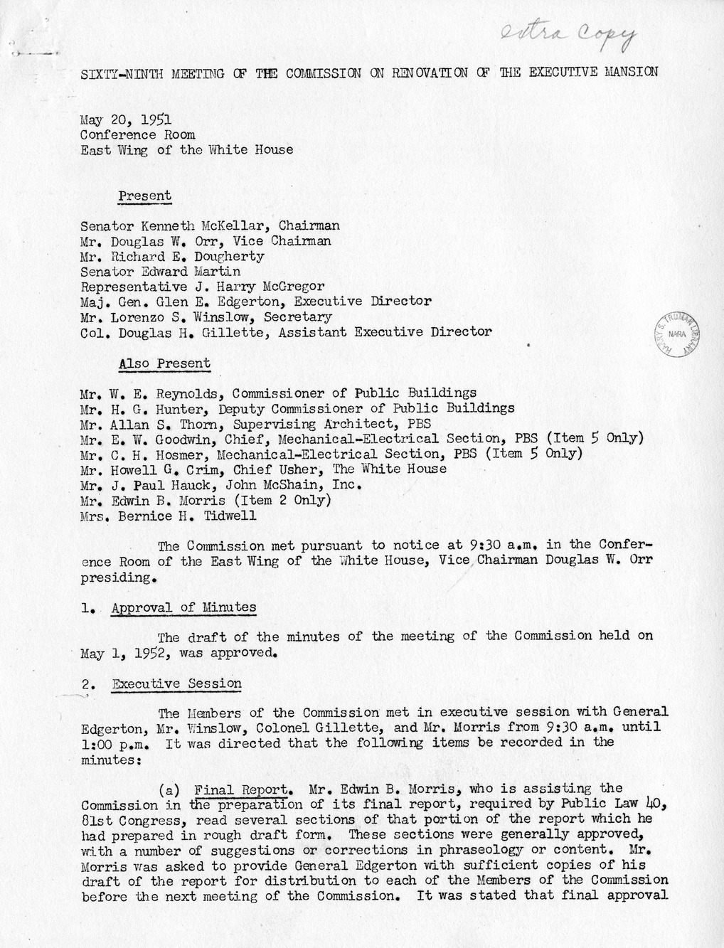 Minutes of the Sixty-Ninth Meeting of the Commission On Renovation of the Executive Mansion [Misdated 1951]