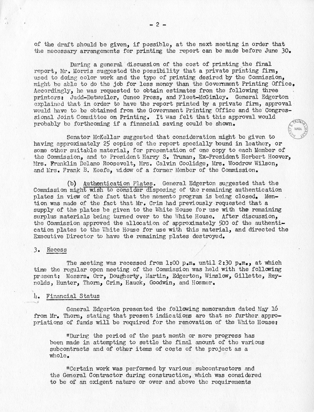 Minutes of the Sixty-Ninth Meeting of the Commission On Renovation of the Executive Mansion [Misdated 1951]