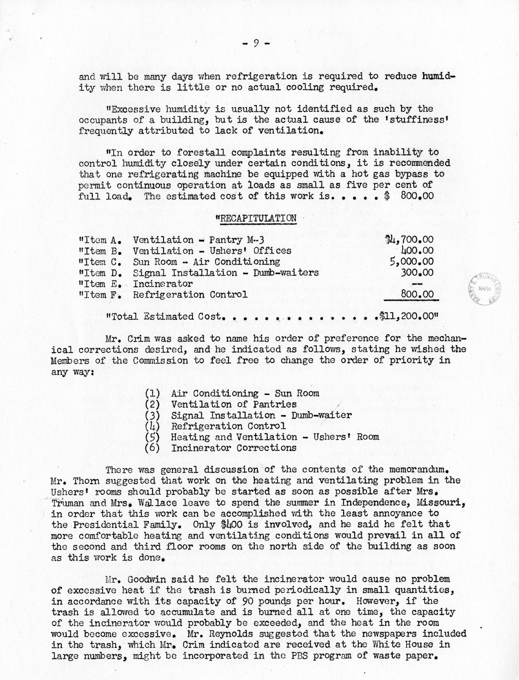 Minutes of the Sixty-Ninth Meeting of the Commission On Renovation of the Executive Mansion [Misdated 1951]