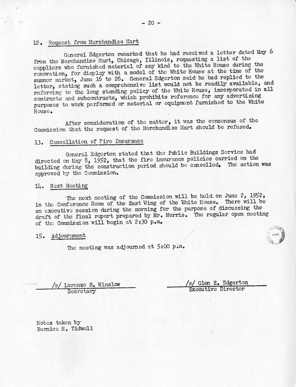 Minutes of the Sixty-Ninth Meeting of the Commission On Renovation of the Executive Mansion [Misdated 1951]