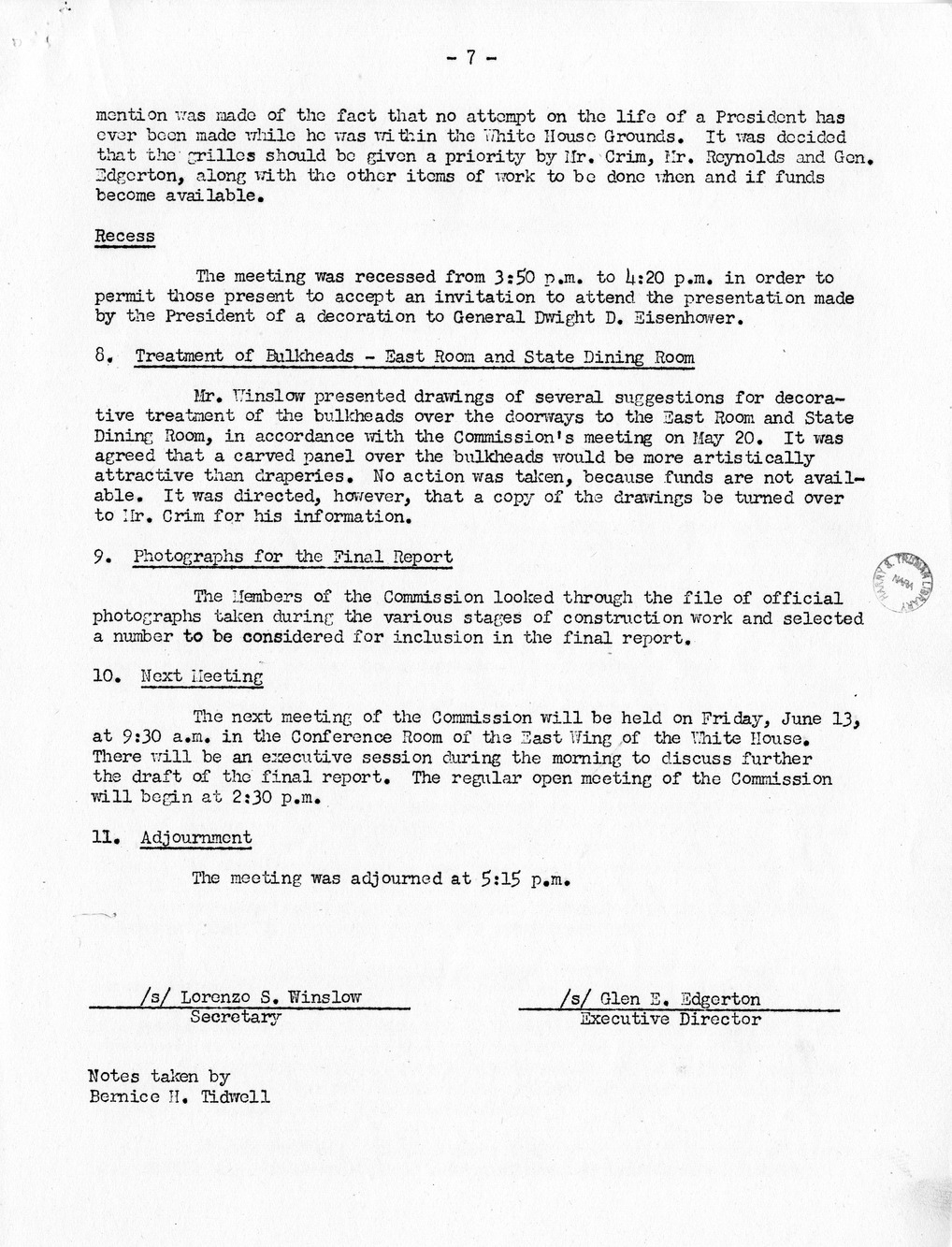 Minutes of the Seventieth Meeting of the Commission On Renovation of the Executive Mansion